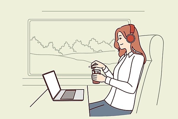 EPS 해외이미지 여자 음료 여행 일러스트 휴식 한명 들기 앉기 상반신 성인 노트북 헤드폰 음악감상 기차 성인여자한명만 해외202309 해외일러스트 1 육상교통 음향기기 컨셉 모션 대중교통 사람 전자제품 감상 여자한명만 성인여자만 파일형식 벡터