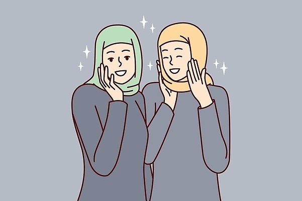 EPS 해외이미지 여자 행복 문화 일러스트 손짓 상반신 성인 두명 뷰티 이슬람교 긍정 중동인 성인여자만 해외202309 해외일러스트 외국인 감정 종교 컨셉 모션 사람 여자만 성인만 파일형식 벡터