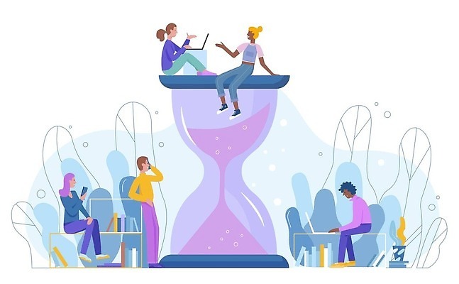 EPS 해외이미지 전신 여자 남자 일러스트 앉기 여러명 성인 노트북 업무 비즈니스맨 비즈니스우먼 모래시계 성인만 해외202309 해외일러스트 모래 시계 다수 비즈니스 모션 사람 전자제품 작업 직장인 파일형식 벡터