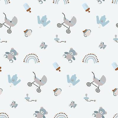 EPS 해외이미지 하늘색 무지개 패턴 곡선 일러스트 사람없음 곰인형 점 젖병 노리개젖꼭지 유모차 유아복 해외202309 해외일러스트 자연요소 옷 선 인형 무늬 파란색 아기용품 파일형식 벡터