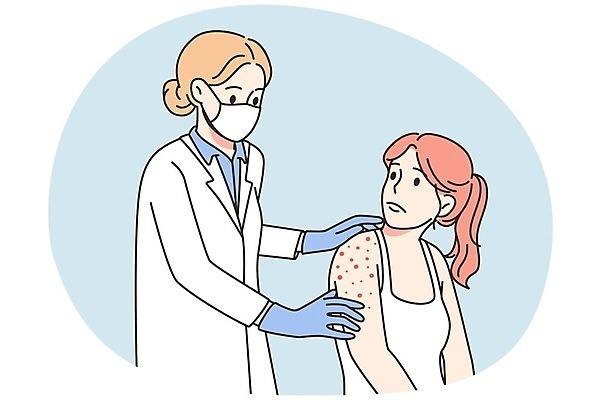 EPS 해외이미지 여자 일러스트 상반신 성인 두명 진료 환자 의사 의사가운 바이러스 두드러기 성인여자만 해외202309 해외일러스트 의학 사람 의료진 가운 알레르기 여자만 성인만 파일형식 벡터