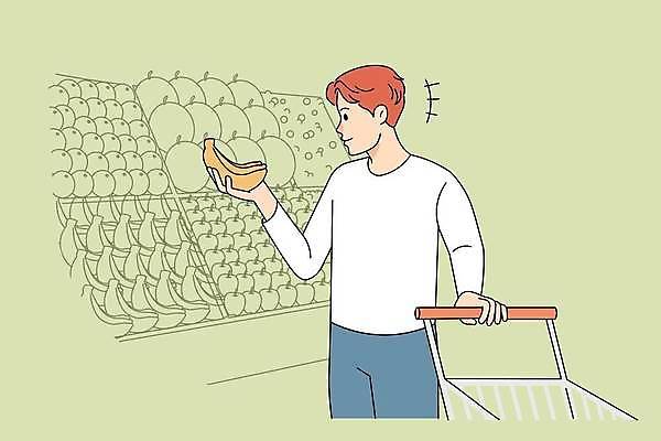 EPS 해외이미지 남자 일러스트 바나나 한명 들기 상반신 성인 쇼핑 쇼핑카 잡기 구매 과일코너 성인남자한명만 해외202309 해외일러스트 1 과일 모션 사람 카트 코너 남자한명만 성인남자만 파일형식 벡터