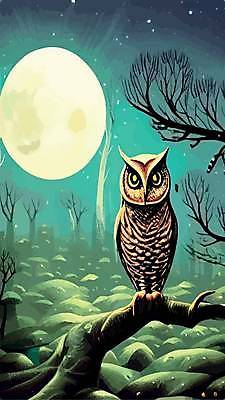 EPS 해외이미지 나무 야생동물 일러스트 사람없음 야간 숲 부엉이 삼림지대 해외202309 해외일러스트 자연요소 식물 동물 조류 파일형식 벡터