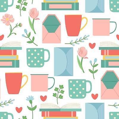 EPS 해외이미지 식물 디자인 꽃 백그라운드 잎 패턴 일러스트 봉투 책 컵 세트 독서 플랫 읽기 문학 벡터 해외202309 해외일러스트 식기 무늬 모션 파일형식