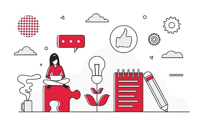 EPS 해외이미지 전신 여자 일러스트 비즈니스 전구 한명 성인 빨간색 펜 머그컵 수증기 톱니바퀴 퍼즐조각 가부좌 따봉 스프링수첩 성인여자한명만 해외202309 해외일러스트 1 컬러 조각 사람 앉기 컵 필기구 다이어리 최고 퍼즐 여자한명만 성인여자만 파일형식 벡터