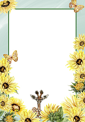 JPG 해외이미지 나비 잎 일러스트 해바라기 프레임 세마리 사람없음 사각형 화려 기린 꽃봉오리 해외202309 해외일러스트 도형 식물 꽃 곤충 컨셉 포유류 3 파일형식