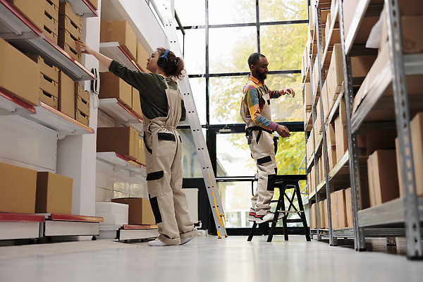 포토 JPG 해외이미지 전신 백인 여자 남자 흑인 사다리 노동자 실내 성인 두명 옆모습 상자 헤드폰 가리킴 작업 물류창고 성인만 해외202309 해외포토 서양인 직업 뷰포인트 음향기기 사람 손짓 내부 도구 창고 파일형식