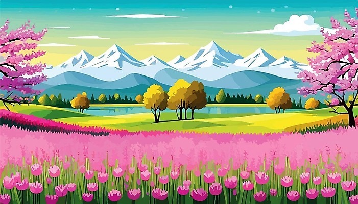 EPS 해외이미지 나무 호수 일러스트 산 꽃나무 사람없음 봄 들꽃 분위기 해외202309 해외일러스트 식물 계절 꽃 컨셉 파일형식 벡터