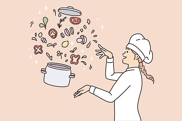 EPS 해외이미지 여자 행복 채소 일러스트 한명 상반신 성인 반짝임 요리사 버섯 뚜껑 냄비 요리준비 성인여자한명만 해외202309 해외일러스트 직업 1 감정 모션 사람 솥 준비 여자한명만 성인여자만 파일형식 벡터