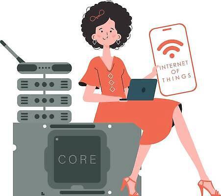 EPS 해외이미지 전신 여자 일러스트 한명 들기 앉기 성인 노트북 스마트폰 와이파이 사물인터넷 성인여자한명만 해외202309 해외일러스트 1 모션 정보기술 사람 전자제품 핸드폰 스마트기기 무선인터넷 여자한명만 성인여자만 파일형식 벡터