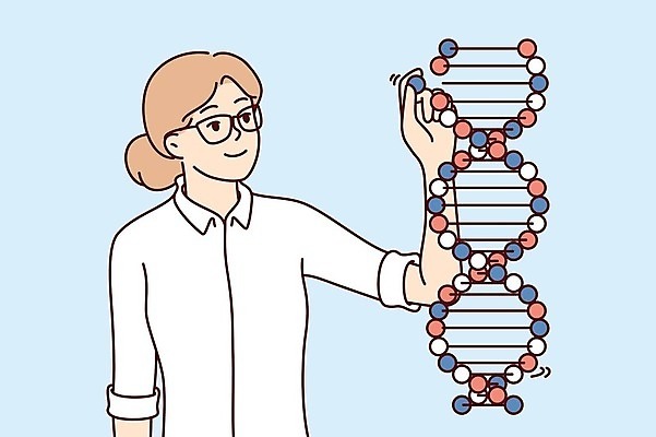 EPS 해외이미지 여자 과학 일러스트 한명 들기 상반신 성인 의사 DNA 염색체 성인여자한명만 안경낌 해외202309 해외일러스트 1 안경 모션 사람 의료진 생명공학 여자한명만 성인여자만 파일형식 벡터