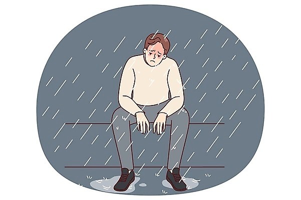 EPS 해외이미지 남자 일러스트 스트레스 한명 앉기 성인 젖음 슬픔 비 고독 우울감 우울증 성인남자한명만 해외202309 해외일러스트 자연요소 1 감정 모션 날씨 사람 질병 남자한명만 성인남자만 파일형식 벡터