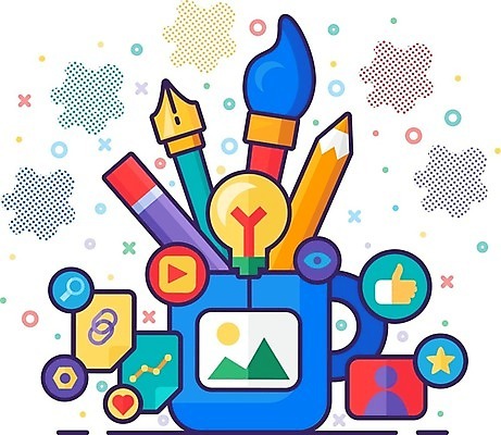 EPS 해외이미지 디자인 일러스트 사람모양 사람없음 연필 펜 붓 찻잔 손모양 미술교육 전구모양 해외202309 해외일러스트 모양 교육 전구 학용품 잔 미술 필기구 파일형식 벡터 손_신체부위