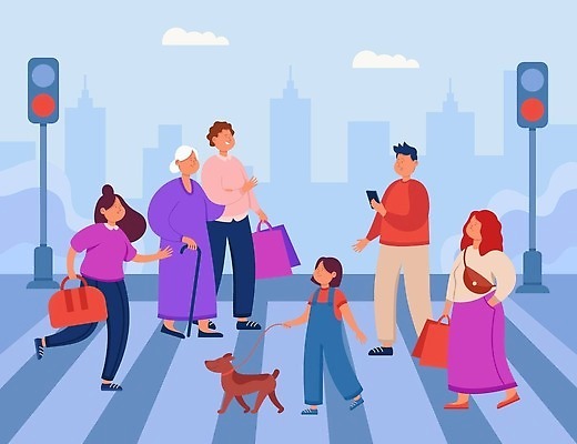 EPS 해외이미지 노년 남자 길 어린이 가방 일러스트 지팡이 거리 들기 여러명 성인 쇼핑백 걷기 잡기 보행자 횡단보도 신호등 목줄 길건너기 해외202309 해외일러스트 잡화 다수 모션 사람 보행로 건너기 파일형식 벡터 반려용품