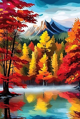 EPS 해외이미지 나무 호수 단풍 일러스트 사람없음 반사 숲 해외202309 해외일러스트 식물 잎 파일형식 벡터