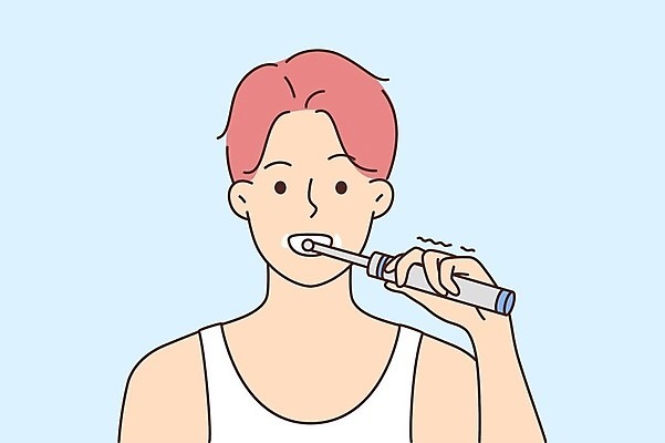 EPS 해외이미지 남자 일러스트 한명 들기 상반신 성인 깨끗함 양치 전동칫솔 성인남자한명만 해외202309 해외일러스트 1 컨셉 모션 사람 청결 칫솔 남자한명만 성인남자만 파일형식 벡터