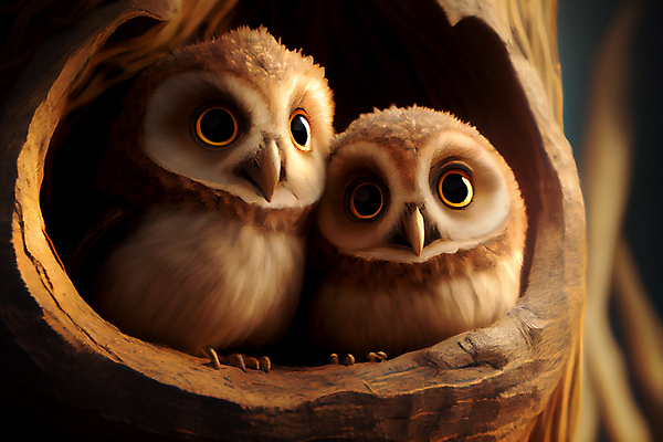 포토 JPG 해외이미지 나무 새끼 두마리 사람없음 갈색 귀여움 둥지 부엉이 해외202309 해외포토 식물 동물 컬러 컨셉 2 조류 파일형식