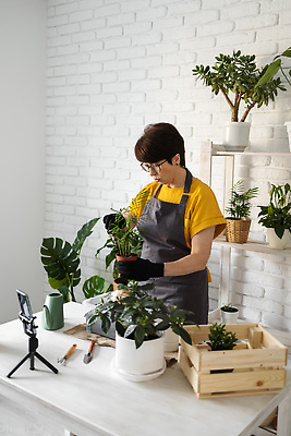 포토 JPG 해외이미지 여자 화분 한명 들기 상반신 성인 옆모습 스마트폰 나무상자 책상 진열장 원예 원예식물 삼각대 원예용품 플로리스트 성인여자한명만 안경낌 인터넷방송 1인미디어 홈가드닝 해외202309 해외포토 식물 직업 1 안경 뷰포인트 가구 생활용품 모션 사람 취미 핸드폰 스마트기기 상자 방송 여자한명만 성인여자만 파일형식