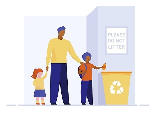 EPS 해외이미지 전신 여자 남자 어린이 일러스트 소년 성인 세명 그린캠페인 쓰레기통 아빠 재활용품 넣기 재활용표시 해외202309 해외일러스트 캠페인 가족 모션 표시 사람 재활용 파일형식 벡터