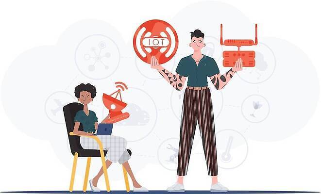 EPS 해외이미지 전신 여자 남자 의자 일러스트 협력 안테나 들기 앉기 성인 두명 노트북 원형 와이파이 사물인터넷 성인만 해외202309 해외일러스트 도형 가구 통신 모션 정보기술 사람 전자제품 무선인터넷 파일형식 벡터