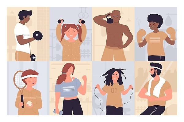 EPS 해외이미지 여자 남자 어린이 일러스트 들기 소년 여러명 상반신 성인 운동복 운동 권투 아령 테니스 테니스라켓 권투글러브 줄넘기 복싱화 자기관리 케틀벨 해외202309 해외일러스트 옷 다수 모션 건강 사람 구기 격투기 글러브 라켓 권투용품 파일형식 벡터