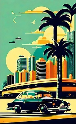JPG 해외이미지 포스터 도로 여행 일러스트 자동차 사람없음 건물 야자수 태양 도시 빈티지 복고 마이애미 해외202309 해외일러스트 자연요소 나무 건축물 길 육상교통 컨셉 교통시설 파일형식