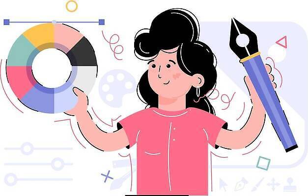 EPS 해외이미지 여자 교육 일러스트 한명 들기 상반신 성인 학습 만년필 원형 스마트 원그래프 성인여자한명만 해외202309 해외일러스트 도형 1 컨셉 모션 그래프 사람 펜 여자한명만 성인여자만 파일형식 벡터