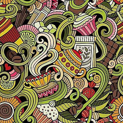 EPS 해외이미지 백그라운드 패턴 일러스트 주전자 추상 해바라기 사탕 사람없음 컬러풀 초콜릿 원두 낙서 찻잔 컵케이크 젬베 해외202309 해외일러스트 꽃 커피 악기 컬러 무늬 주방용품 디저트 잔 케이크 파일형식 벡터