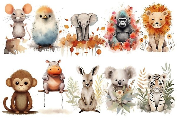EPS 해외이미지 꽃 낙엽 일러스트 조류 코끼리 사람없음 귀여움 원숭이 풀잎 쥐 사자 번짐 하마 캥거루 코알라 고릴라 백호 해외202309 해외일러스트 식물 동물 컨셉 잎 포유류 풀_식물 호랑이 설치류 파일형식 벡터 효과 사방신