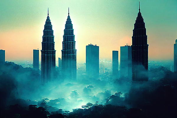JPG 해외이미지 일러스트 하늘 추상 사람없음 어둠 안개 카툰스타일 쿠알라룸푸르 페트로나스트윈타워 해외202309 해외일러스트 무늬 날씨 말레이시아 파일형식