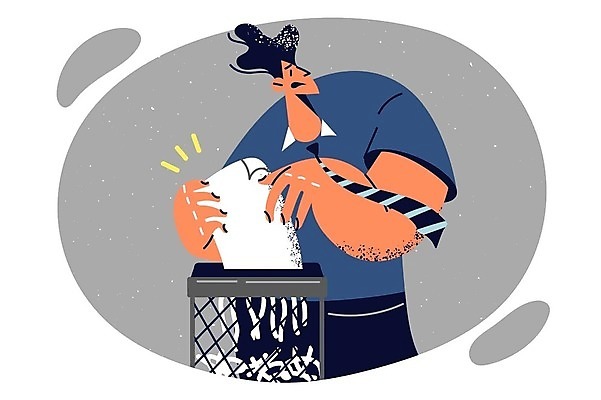 EPS 해외이미지 응시 남자 종이 일러스트 비즈니스 한명 성인 비즈니스맨 쓰레기 문서 파일 보안 파쇄기 성인남자한명만 해외202309 해외일러스트 1 시선 안전 사람 기계 직장인 남자한명만 성인남자만 파일형식 벡터