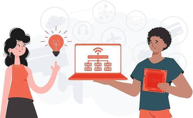 EPS 해외이미지 여자 남자 일러스트 전구 협력 들기 상반신 성인 두명 노트북 가리킴 사물인터넷 성인만 해외202309 해외일러스트 모션 정보기술 사람 손짓 전자제품 파일형식 벡터