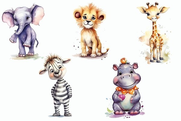 EPS 해외이미지 동물 캐릭터 꽃 야생동물 스티커 잎 일러스트 포유류 자연 코끼리 동물원 장식 세트 아기 사자 만화 수집 기린 사파리 그림 얼룩말 하마 삼림지대 해외202309 해외일러스트 일러캐릭터 식물 사람 말_동물 숲 생태계 파일형식 벡터
