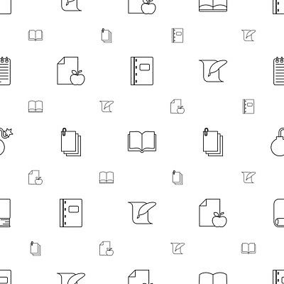 EPS 해외이미지 모양 디자인 교육 종이 백그라운드 패턴 일러스트 학교 그래픽 책 학습 스터디 검은색 쪽지 공책 정보 흰색 오픈 도서관 사과 폭발 심볼 깃털 오브젝트 사인 교과서 문서 문학 페이지 사전 고립 엘리먼트 벡터 해외202309 해외일러스트 컬러 무늬 과일 문구용품 교재 파일형식