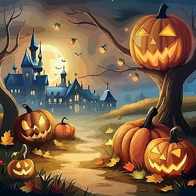 EPS 해외이미지 나무 일러스트 호박 주택 사람없음 어둠 할로윈 보름달 야간 잭오랜턴 해외202309 해외일러스트 자연요소 식물 채소 건물 달 파일형식 벡터