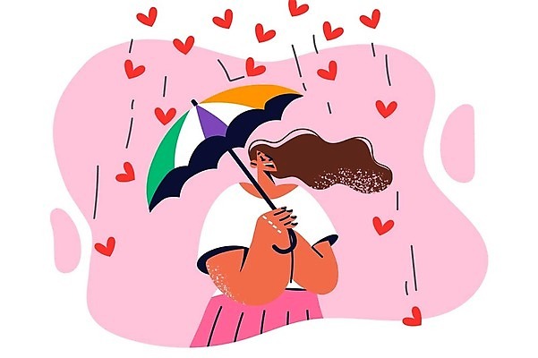EPS 해외이미지 라이프스타일 여자 분홍색 일러스트 우산 사랑 한명 들기 상반신 성인 올려보기 하트 비 쏟아짐 성인여자한명만 해외202309 해외일러스트 자연요소 모양 1 감정 컬러 모션 날씨 사람 생활 여자한명만 성인여자만 파일형식 벡터
