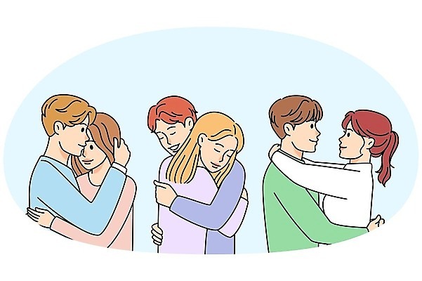 EPS 해외이미지 커플 여자 남자 행복 일러스트 사랑 여러명 상반신 성인 마주보기 눈감음 허그데이 성인만 해외202309 해외일러스트 감정 다수 관계 모션 데이이벤트 사람 파일형식 벡터