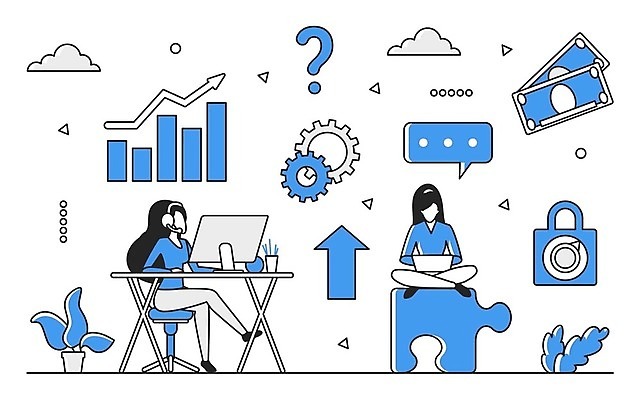 EPS 해외이미지 전신 여자 일러스트 비즈니스 그래프 성인 두명 파란색 디지털 정보 업무 퍼즐 스마트 분석 온라인 경영 데이터베이스 인터페이스 해외202310 해외일러스트 컬러 컨셉 사람 작업 파일형식 벡터