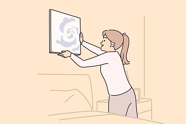 EPS 해외이미지 여자 행복 액자 일러스트 한명 상반신 성인 침대 그림 성인여자한명만 걸기 해외202309 해외일러스트 1 감정 가구 모션 사람 여자한명만 성인여자만 파일형식 벡터