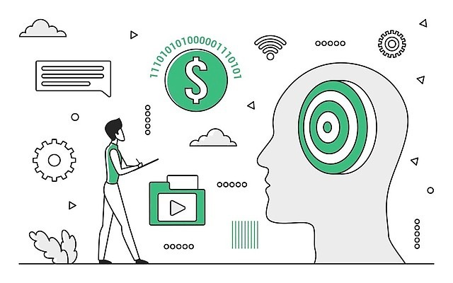 EPS 해외이미지 전신 남자 얼굴 돈 일러스트 비즈니스 성인 초록색 기록 과녁판 목표 뇌 성인남자한명만 해외202309 해외일러스트 컬러 컨셉 사람 신체부위 재산 남자한명만 성인남자만 파일형식 벡터