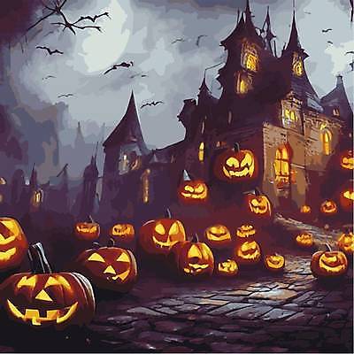 EPS 해외이미지 일러스트 호박 주택 사람없음 할로윈 야간 잭오랜턴 해외202309 해외일러스트 자연요소 채소 건물 파일형식 벡터