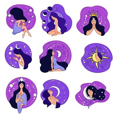 EPS 해외이미지 전신 여자 일러스트 여러명 상반신 성인 반짝임 태양 보라색 행성 달 기도 점성술 마법 환상 성인여자만 해외202309 해외일러스트 자연요소 컬러 다수 컨셉 모션 사람 우주 여자만 성인만 파일형식 벡터