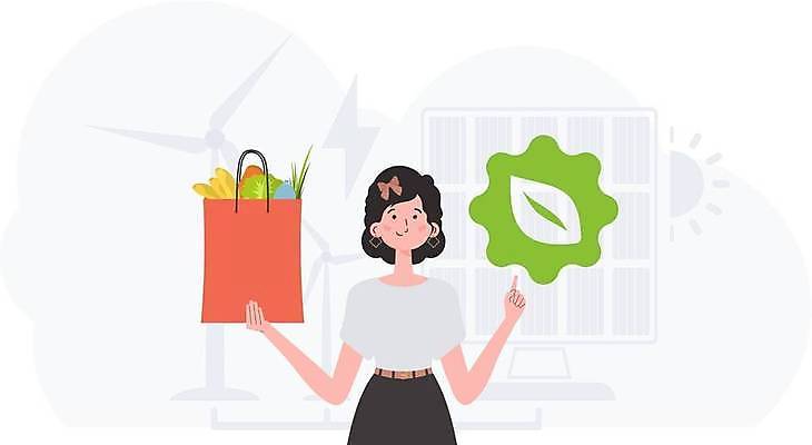 EPS 해외이미지 여자 일러스트 한명 들기 상반신 성인 쇼핑백 재활용 보호 에코 친환경 성인여자한명만 해외202309 해외일러스트 1 컨셉 가방 모션 사람 환경 여자한명만 성인여자만 파일형식 벡터