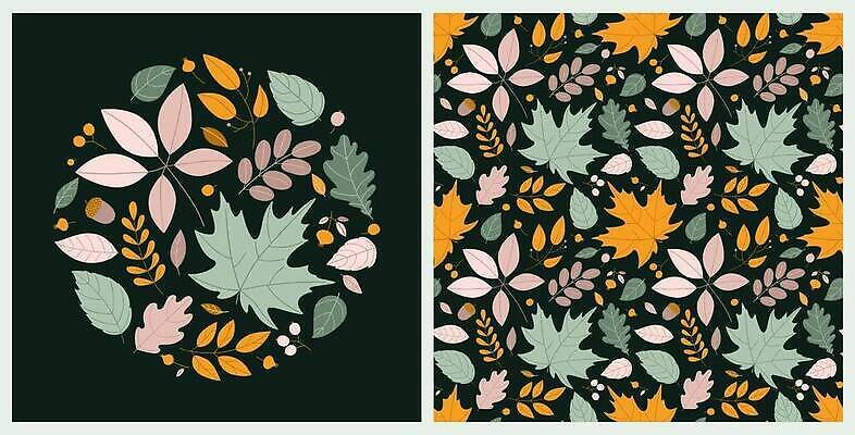 EPS 해외이미지 식물 템플릿 디자인 계절 열매 종이 컬러 백그라운드 단풍 잎 꽃무늬 패턴 일러스트 자연 미술 그래픽 장식 컬러풀 뷰티 나뭇가지 직물 신용카드 플랫 인쇄 9월 만화 그림 손그림 10월 포장소품 스타일 반복 해외202309 해외일러스트 나무 꽃 무늬 포장 문화예술 금융 날짜 오브젝트 생태계 포장재료 파일형식 벡터