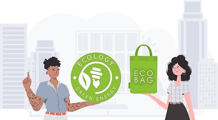 EPS 해외이미지 여자 남자 잎 일러스트 들기 손짓 상반신 성인 두명 초록색 원형 그린에너지 심볼 에코 친환경 에코백 성인만 해외202309 해외일러스트 도형 식물 컬러 가방 모션 사람 환경 에너지 파일형식 벡터