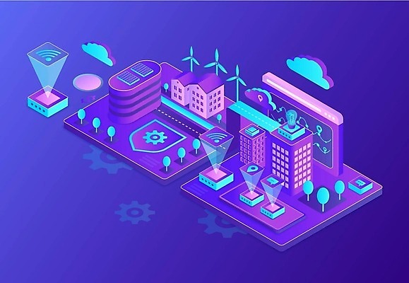 EPS 해외이미지 백그라운드 일러스트 빌딩 사람없음 건물 보라색 도시 스마트 와이파이 네온 미래도시 풍력기 아이소메트릭 해외202309 해외일러스트 건축물 컬러 컨셉 미래 풍력에너지 무선인터넷 파일형식 벡터