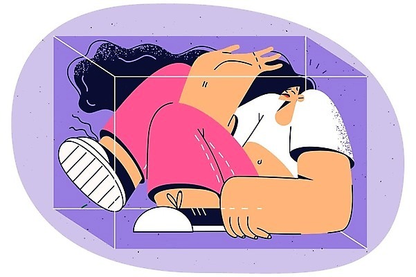 EPS 해외이미지 전신 여자 일러스트 스트레스 한명 성인 큐브 문제 갇힘 고립 트러블 성인여자한명만 해외202309 해외일러스트 1 모션 사람 여자한명만 성인여자만 파일형식 벡터