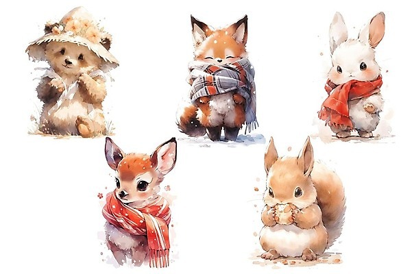 EPS 해외이미지 일러스트 곰 사슴 사람없음 귀여움 목도리 토끼 먹기 여우 번짐 청설모 해외202309 해외일러스트 동물 잡화 컨셉 포유류 모션 반려동물 파일형식 벡터 효과