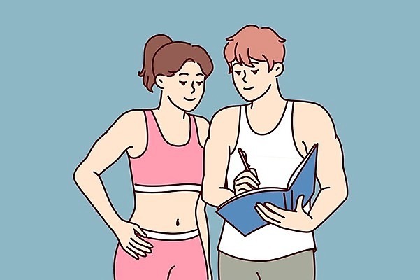 EPS 해외이미지 여자 남자 일러스트 건강 상반신 성인 두명 운동복 운동 건강관리 기록 성인만 해외202309 해외일러스트 옷 관리 사람 파일형식 벡터