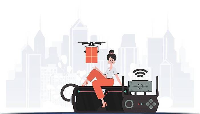 EPS 해외이미지 전신 여자 일러스트 미래 한명 앉기 손짓 성인 화물 고객 스마트 배송 택배상자 로봇산업 드론 조종장치 성인여자한명만 해외202309 해외일러스트 1 산업 컨셉 모션 사람 상자 장비 운송업 로봇 택배 여자한명만 성인여자만 파일형식 벡터